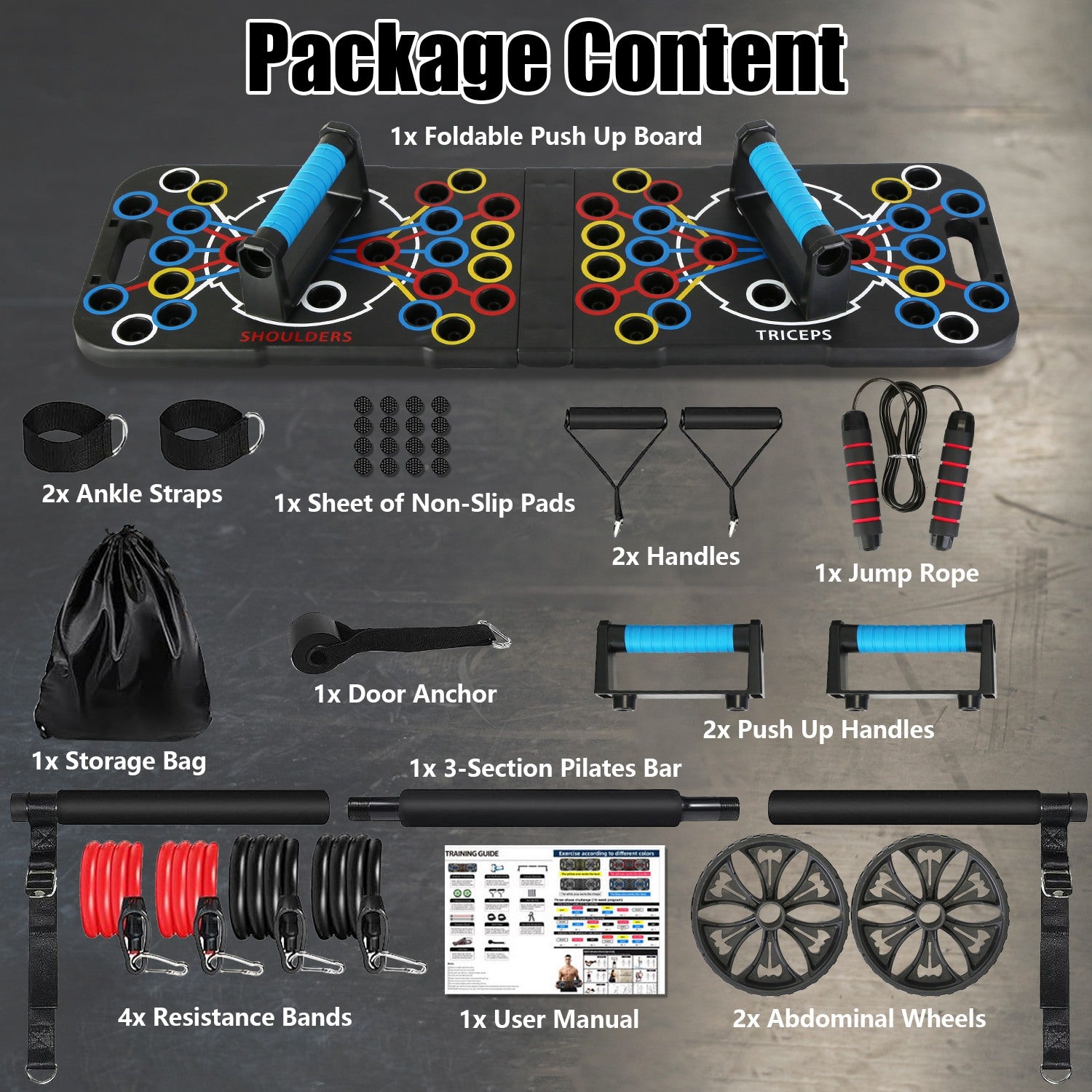 Complete Home Gym Equipment Set - 15-Piece Push Up Board & Resistance Bands