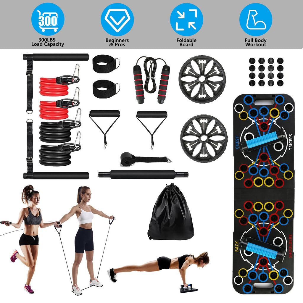 Complete Home Gym Equipment Set - 15-Piece Push Up Board & Resistance Bands