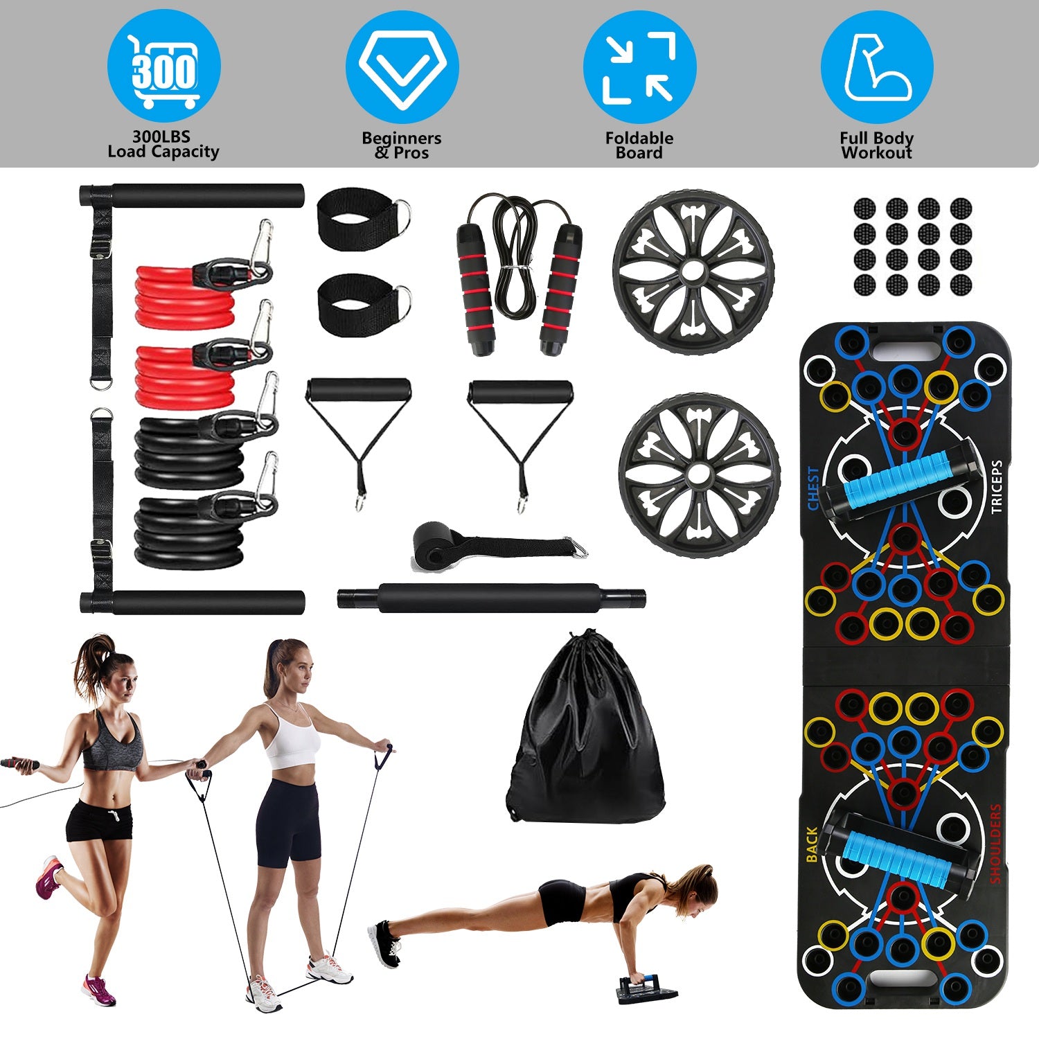 Complete Home Gym Equipment Set - 15-Piece Push Up Board & Resistance Bands